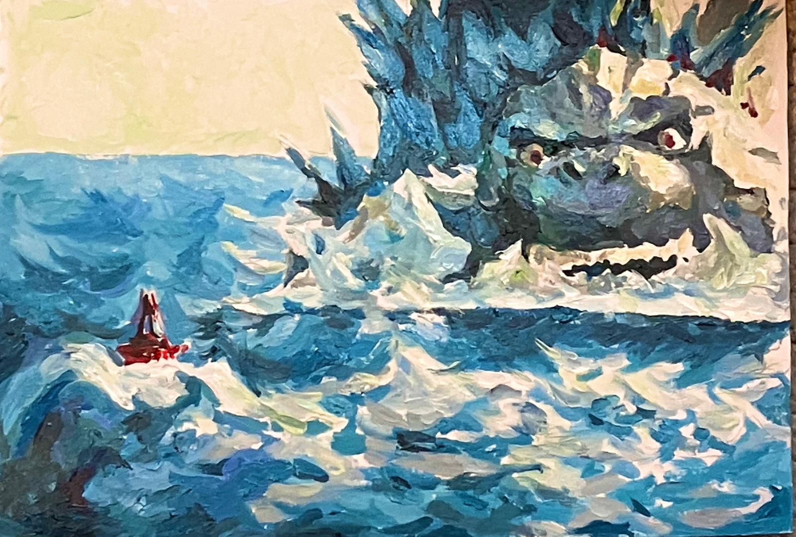 Acrylic painting of Godzilla and red sailboat in thick blue brushstrokes