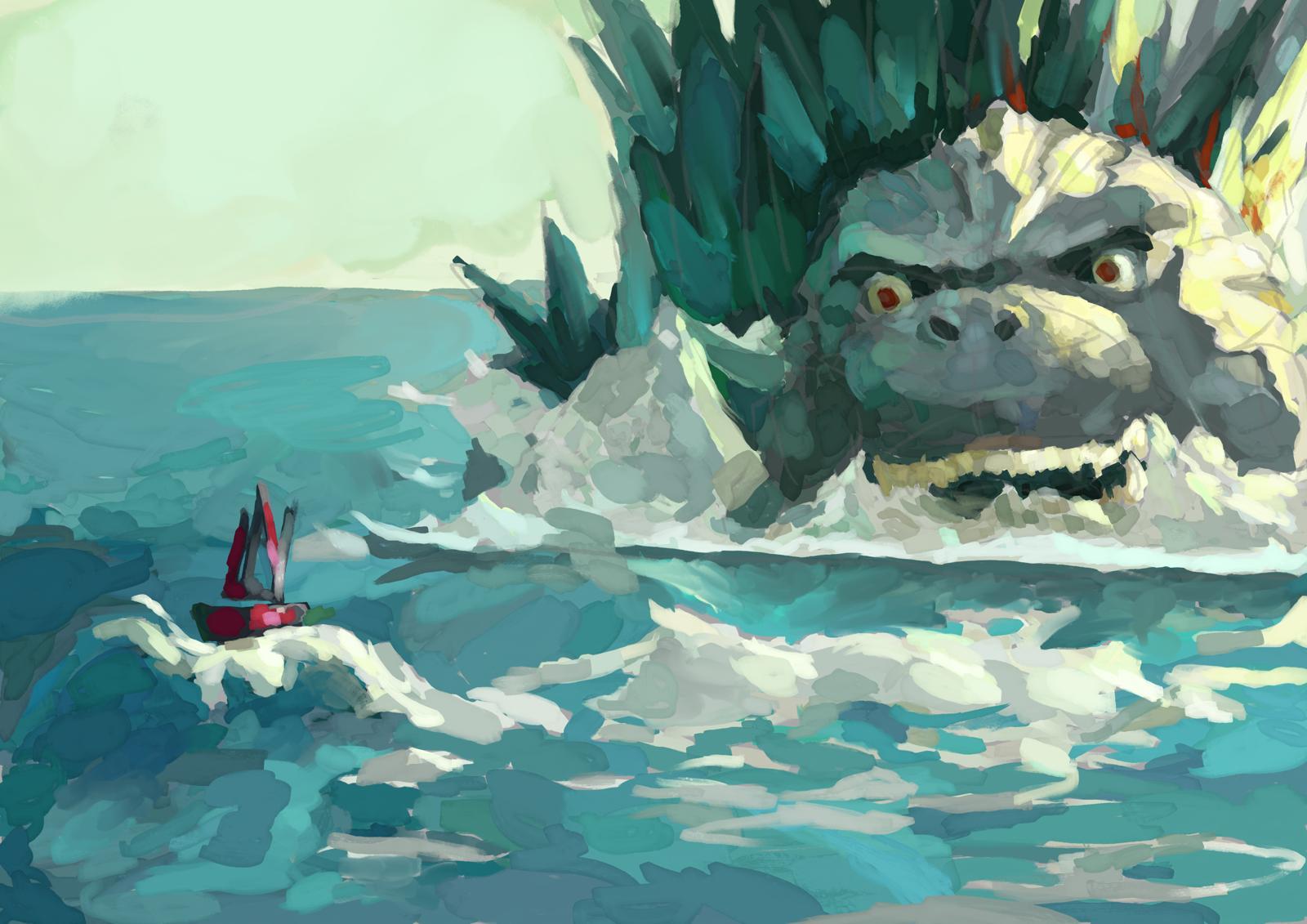 Digital painting of Godzilla rising from turquoise waves beside a tiny red sailboat