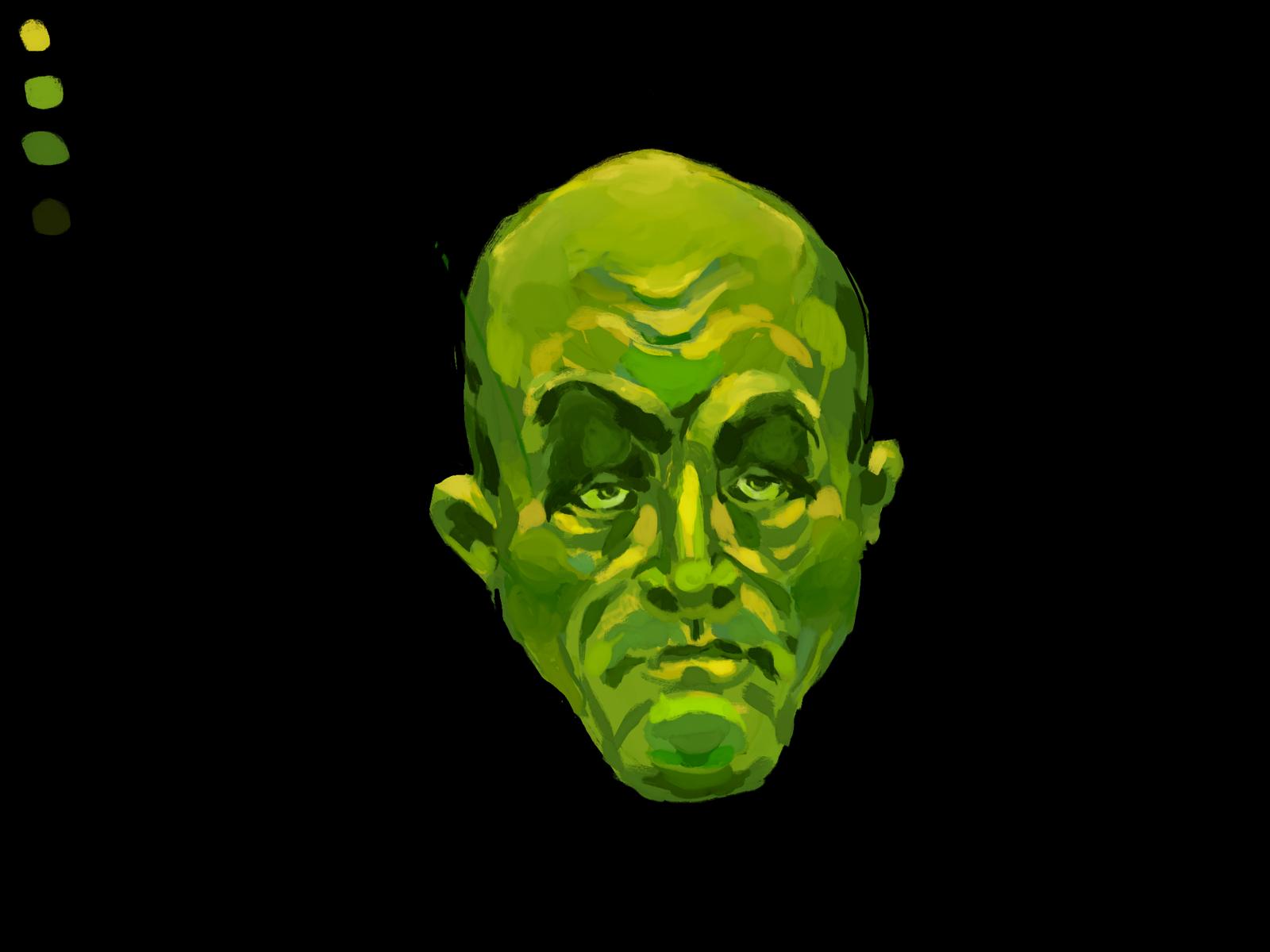 Portrait study of a scowling bald head painted in a limited palette of greens and yellows