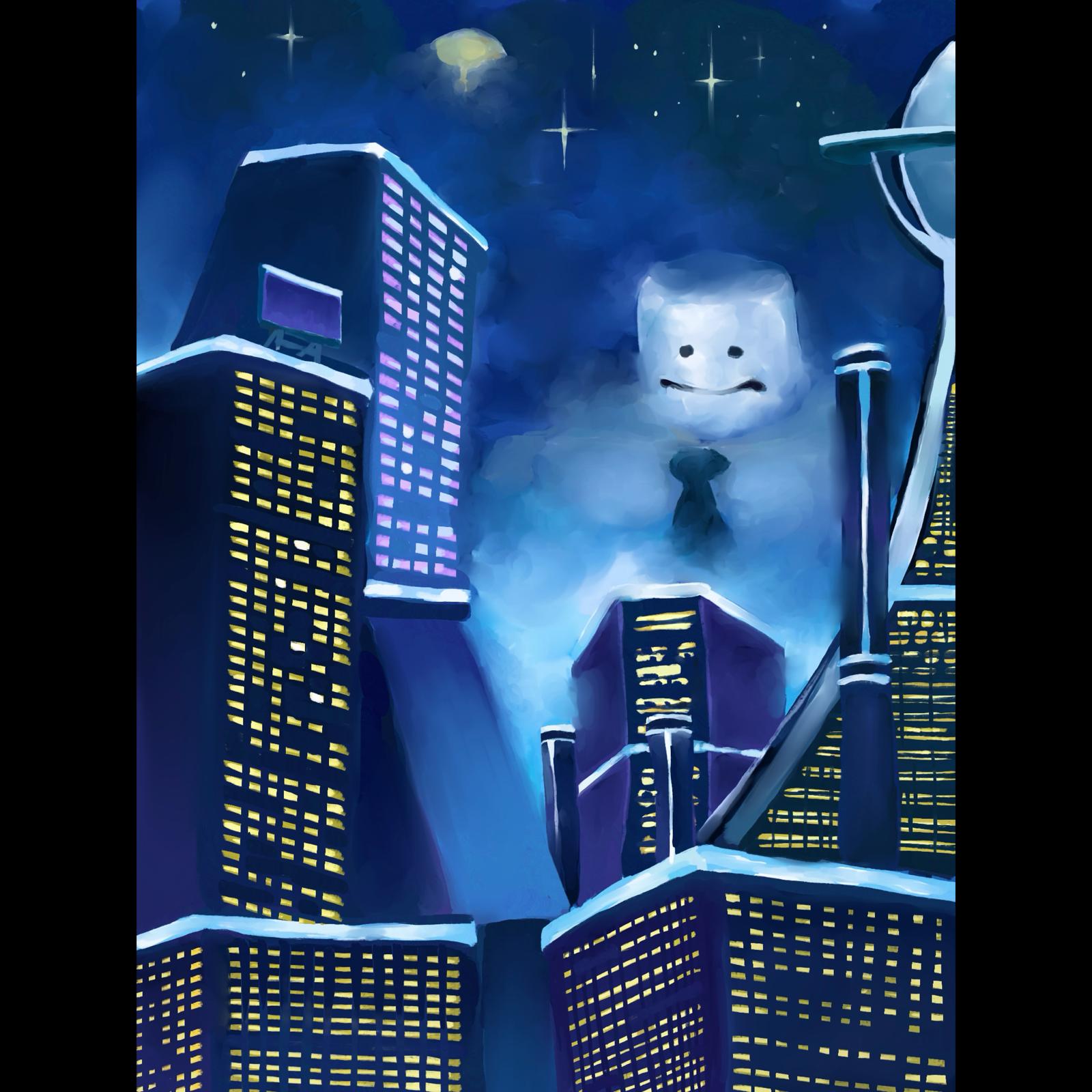 Night city of glowing skyscrapers with a giant marshmallow figure in a tie looming through the clouds