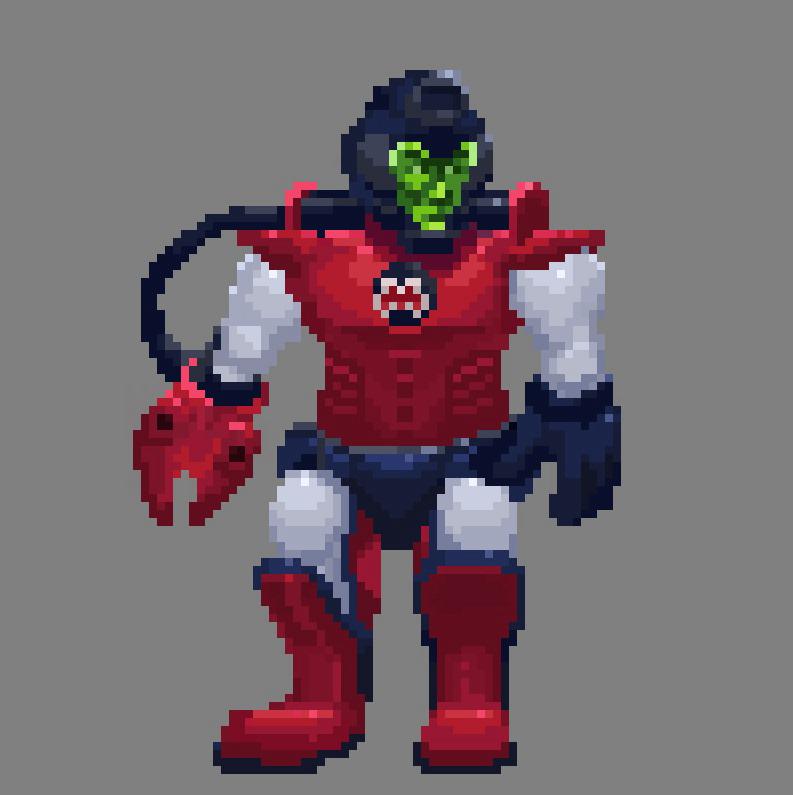 Pixel art of a green-faced fighter in red and white armour with a claw hand