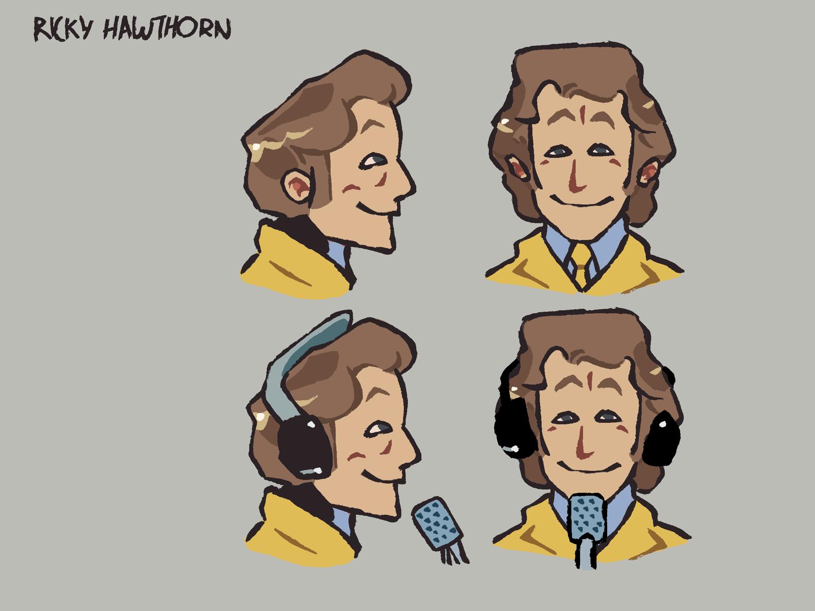 Character sheet of Ricky Hawthorn, a commentator in a yellow jacket, with and without headset